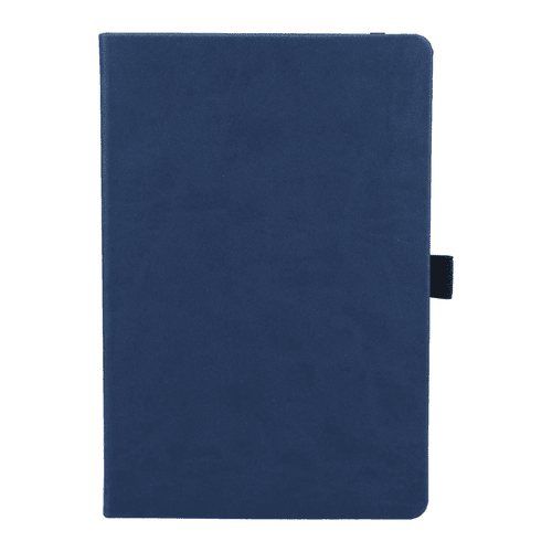 A navy blue hardbound journal with a textured cover and a closure strap. It features a logo on the front. A navy blue hardbound journal with a textured cover and a closure strap. It features a logo on the front.