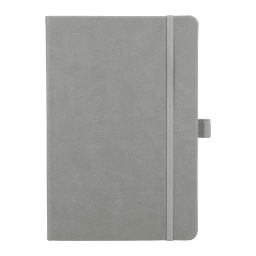 A grey hardbound journal with an elastic closure and a bookmark ribbon, featuring a logo on the cover. A grey hardbound journal with an elastic closure and a bookmark ribbon, featuring a logo on the cover.