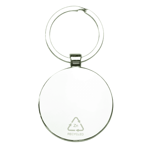 A circular keyring made from recycled zinc alloy with a shiny metal finish and a simple design. A circular keyring made from recycled zinc alloy with a shiny metal finish and a simple design.