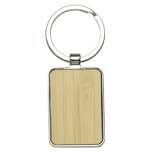A rectangular keyring made of recycled zinc alloy with a bamboo insert, featuring a shiny silver finish. A rectangular keyring made of recycled zinc alloy with a bamboo insert, featuring a shiny silver finish.