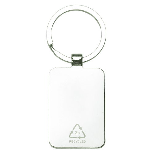 A rectangular recycled zinc alloy keyring with a sleek silver finish and a circular attachment loop. A rectangular recycled zinc alloy keyring with a sleek silver finish and a circular attachment loop.