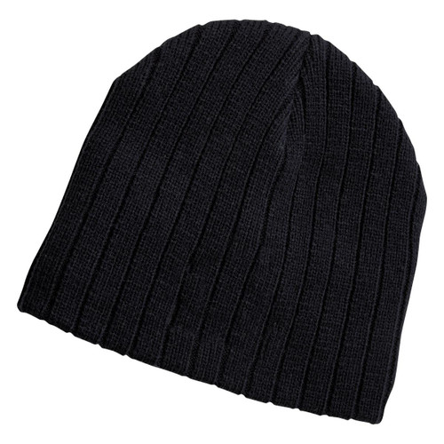 A black cable knit beanie made from textured fabric, featuring a subtle logo. A black cable knit beanie made from textured fabric, featuring a subtle logo.