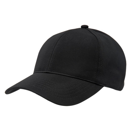 A black Ottoman cap featuring a structured design and curved brim, with a branding logo on the side.