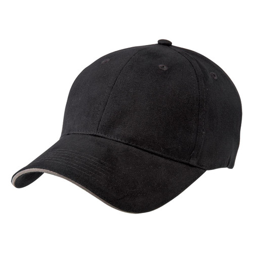 A black cap with a rounded peak and a subtle under-brim detail. It has a branding logo on it.