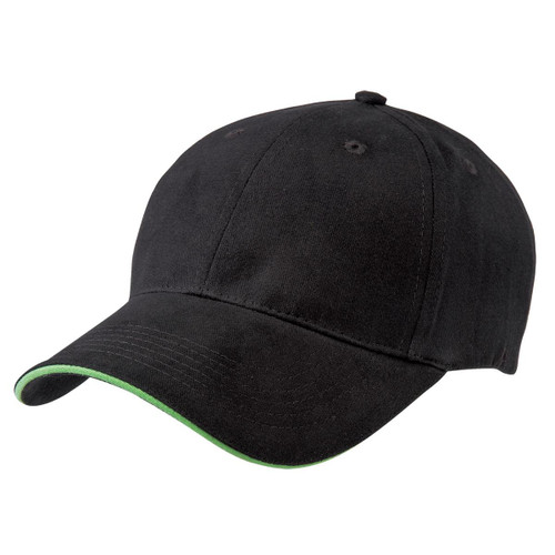A black cap with a contrasting green peak and an adjustable strap, featuring ventilation holes and a logo. A black cap with a contrasting green peak and an adjustable strap, featuring ventilation holes and a logo.