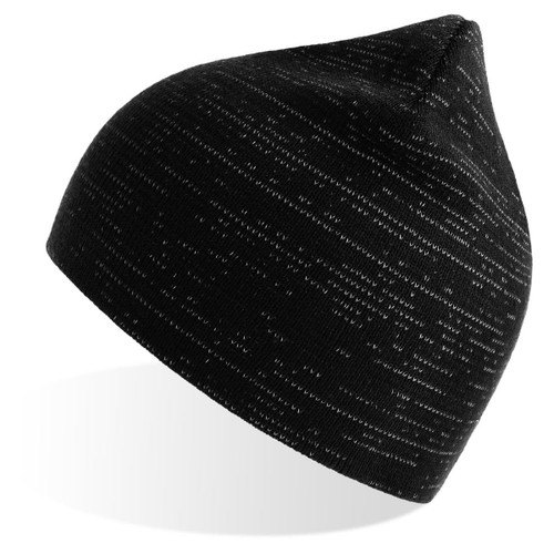 A black beanie with a textured pattern and a pointed top, featuring a logo. A black beanie with a textured pattern and a pointed top, featuring a logo.