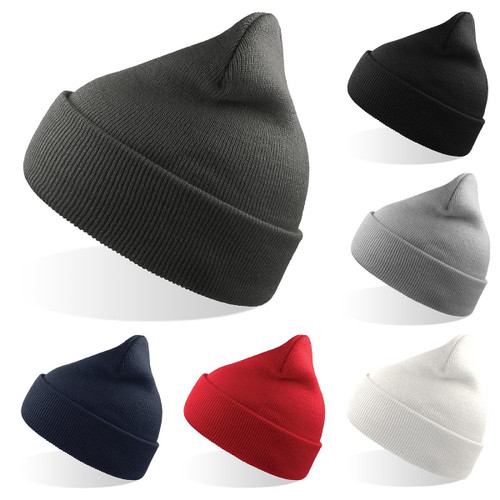 A collection of beanies in various colours: grey, black, red, navy, white, and light grey, featuring a logo.