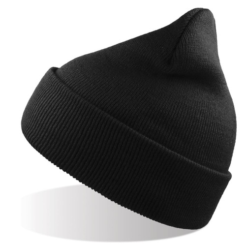 A black beanie with a pointed top made from recycled polyester, featuring a logo.