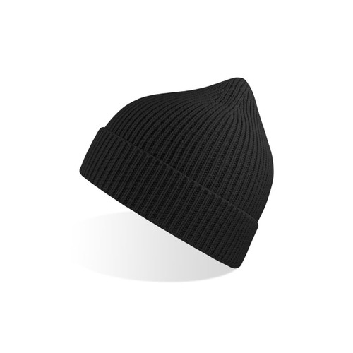 A black beanie with a ribbed texture and a pointed top, featuring a subtle logo. A black beanie with a ribbed texture and a pointed top, featuring a subtle logo.