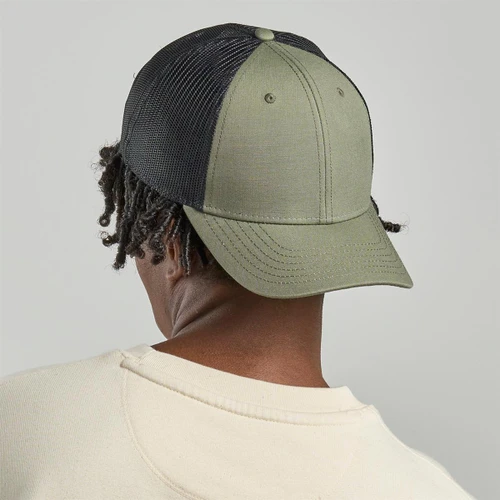 A cap featuring an olive green front and black mesh back, complete with a structured brim and a logo.