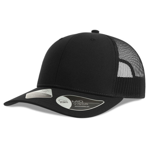 A black trucker cap featuring a solid front and mesh back, with a logo on the side.