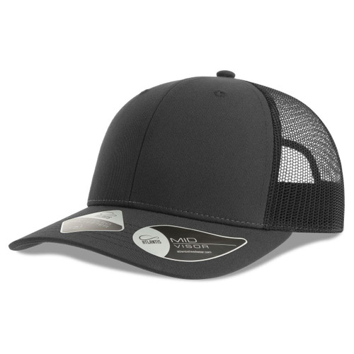 A black trucker cap featuring a solid front and mesh back, with a curved visor and logo branding.