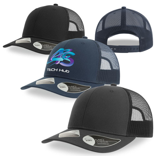 A collection of trucker caps featuring a black front, dark grey mesh, and a logo on the front of one cap. A collection of trucker caps featuring a black front, dark grey mesh, and a logo on the front of one cap.