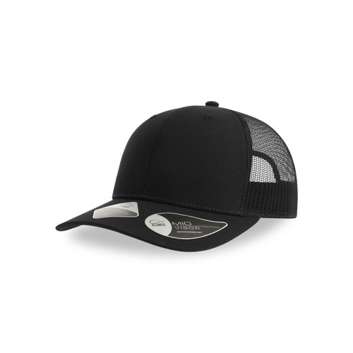 A black trucker cap featuring a solid front and mesh back, with a logo on the side. A black trucker cap featuring a solid front and mesh back, with a logo on the side.
