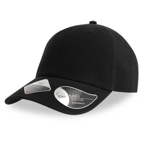 A black mid-visor cap featuring a logo, designed for casual wear.