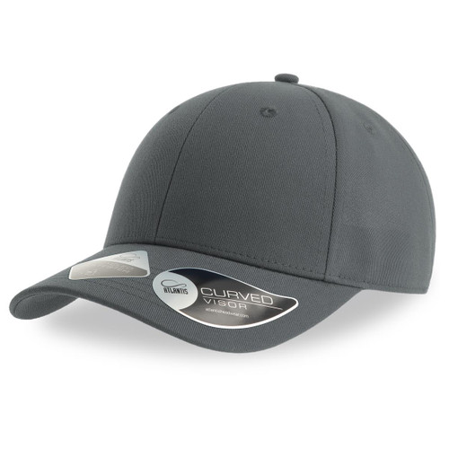 A grey cap with a curved visor and a brand logo on the side. A grey cap with a curved visor and a brand logo on the side.
