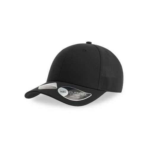 A black recycled cap with a curved visor and a branded label. A black recycled cap with a curved visor and a branded label.