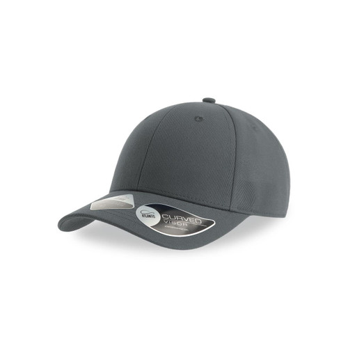 A grey cap with a curved visor and a logo, displayed at an angle. A grey cap with a curved visor and a logo, displayed at an angle.