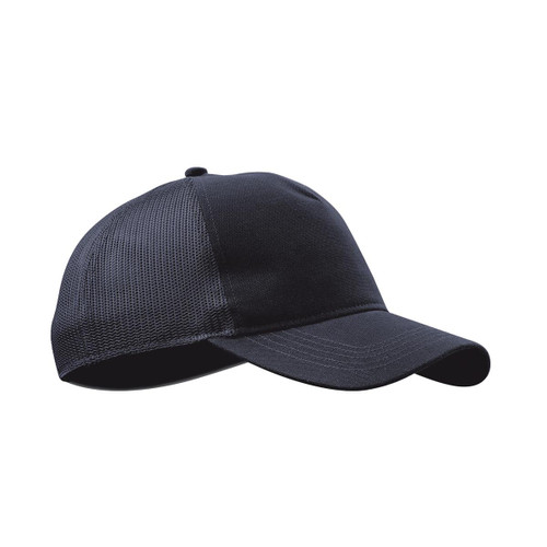 A black trucker cap featuring a mesh design and a solid front panel, with a logo on the side.