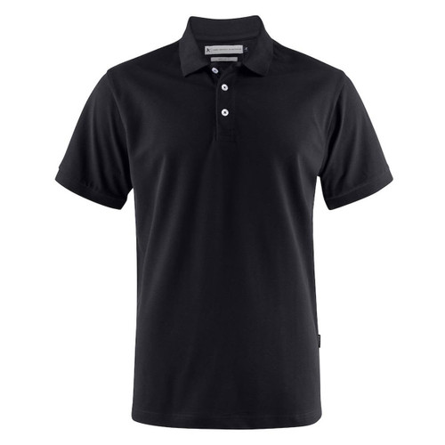 A black men's polo shirt with a collar and buttons, featuring a small logo on the side. A black men's polo shirt with a collar and buttons, featuring a small logo on the side.