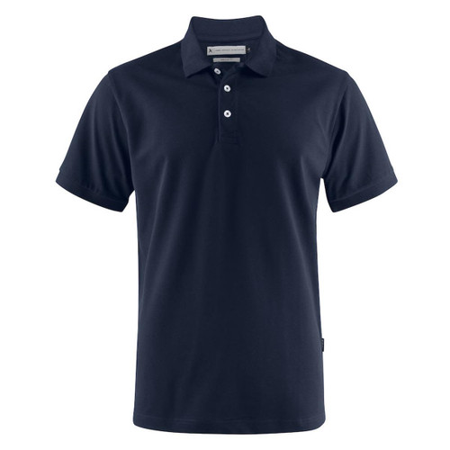 A navy blue men's polo shirt with a classic collar, short sleeves, and a small logo on the side. A navy blue men's polo shirt with a classic collar, short sleeves, and a small logo on the side.