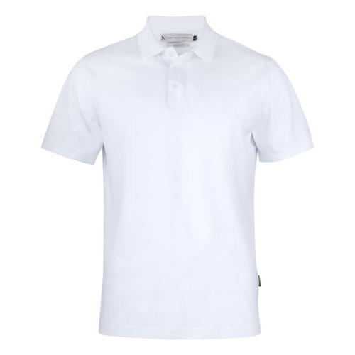 A white men's polo shirt with a collar and a logo on the side. A white men's polo shirt with a collar and a logo on the side.