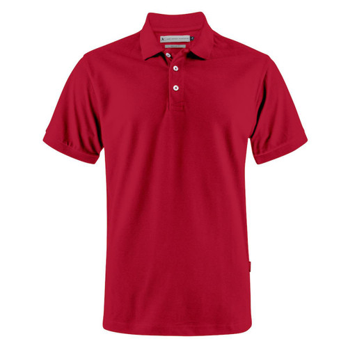 A red men's polo shirt with a collar, short sleeves, and a small logo. A red men's polo shirt with a collar, short sleeves, and a small logo.