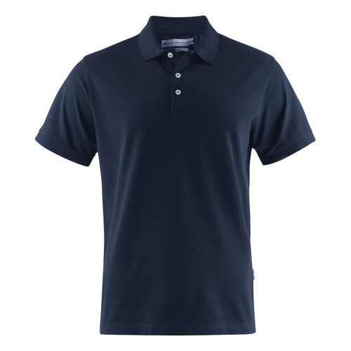 A navy blue men's polo shirt with a collared neck and three buttons, featuring a brand logo. A navy blue men's polo shirt with a collared neck and three buttons, featuring a brand logo.
