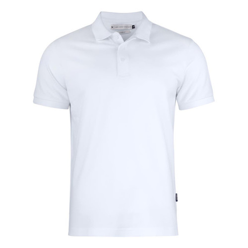 A white polo shirt with a classic collar and a logo on the side. Ideal for casual wear. A white polo shirt with a classic collar and a logo on the side. Ideal for casual wear.