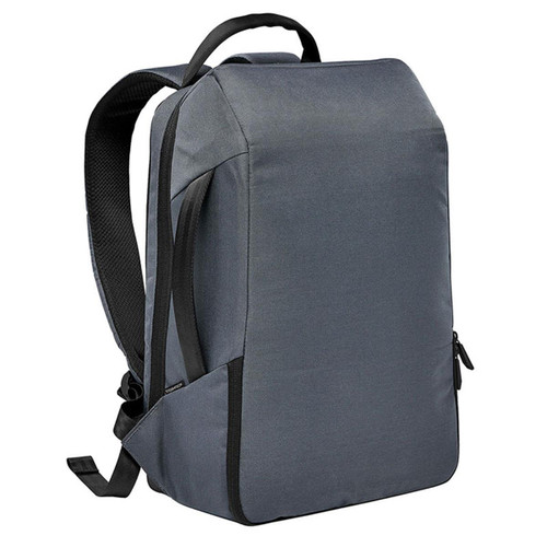 A dark grey backpack with padded straps and a sleek design, featuring a side zipper and a logo.
