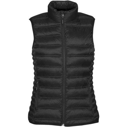 A black thermal vest with a high collar, featuring a zip front and side pockets. It has a stitched puffy design.
