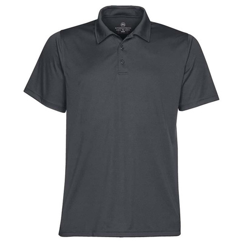 A dark grey men's polo shirt with a classic collar and three-button placket. It features a branding logo.