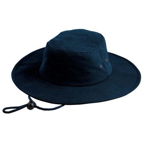 A navy blue brimmed hat with eyelets and a chin strap, designed for outdoor wear. A navy blue brimmed hat with eyelets and a chin strap, designed for outdoor wear.