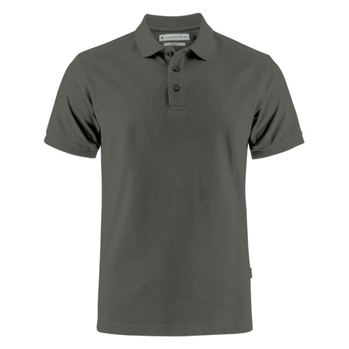 A dark green cotton polo shirt with a collar and three buttons, featuring a branding logo. A dark green cotton polo shirt with a collar and three buttons, featuring a branding logo.