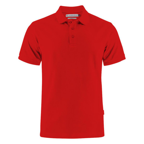 A red cotton polo shirt with a classic collar and three buttons, featuring a logo on the chest. A red cotton polo shirt with a classic collar and three buttons, featuring a logo on the chest.