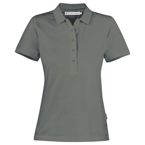 A women's polo shirt in a dark grey shade featuring a collar and a placket with buttons. It has a logo.