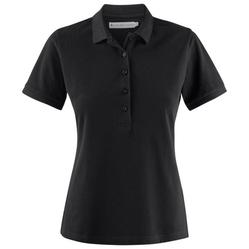 A black women's cotton polo shirt with a collar and button placket, featuring brand logo.