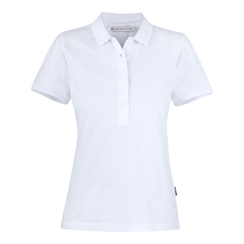 A white women's cotton polo shirt with a collar and buttoned placket, featuring a branded tag at the hem.