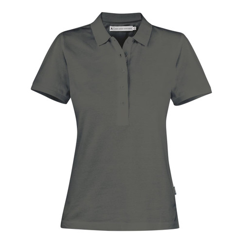 A women's cotton polo shirt in a dark green colour featuring a classic collar and a logo on the side.