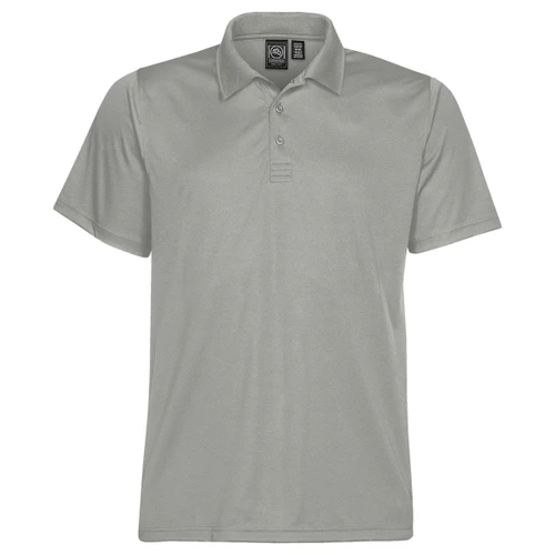 A light grey men's polo shirt with a classic collar, three buttons, and a logo on the label.