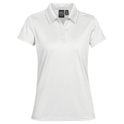 A white women's polo shirt featuring a classic collar and a logo on the chest.