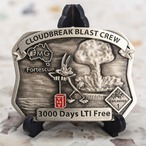Cloudbreak Blast Crew 3000 Days LTI Free commemorative plaque with cartoon character and explosion design.