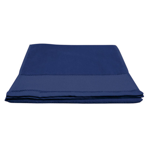 A navy blue workout towel featuring a folded design, ideal for gym use and outdoor activities. It has a logo. A navy blue workout towel featuring a folded design, ideal for gym use and outdoor activities. It has a logo.