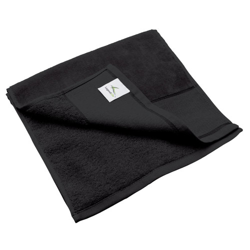 A black fitness towel, featuring a folded corner and a small branded label on its edge. A black fitness towel, featuring a folded corner and a small branded label on its edge.