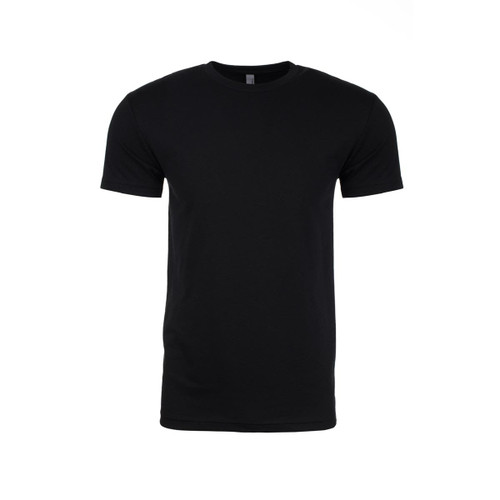 A black men's CVC crew t-shirt with short sleeves and a standard fit. It features a logo on the label. A black men's CVC crew t-shirt with short sleeves and a standard fit. It features a logo on the label.