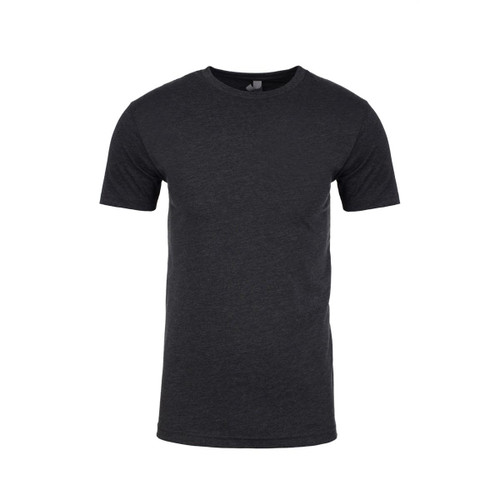 A dark grey men's crew t-shirt with short sleeves, featuring a logo on the front. A dark grey men's crew t-shirt with short sleeves, featuring a logo on the front.
