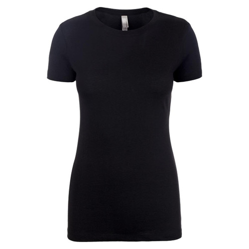 A black women's crew neck t-shirt with short sleeves and a fitted design, featuring a logo.
