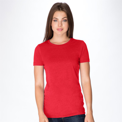 A red women's crew t-shirt displayed on a model against a plain background, featuring a logo. A red women's crew t-shirt displayed on a model against a plain background, featuring a logo.