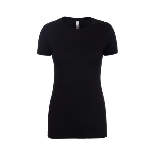 A black women's t-shirt with a crew neck and short sleeves, featuring a branding logo. A black women's t-shirt with a crew neck and short sleeves, featuring a branding logo.