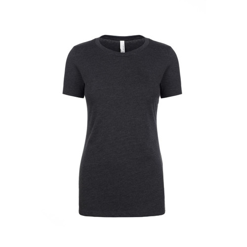 A women's crew neck T-shirt in dark grey with short sleeves and a fitted shape, featuring a logo. A women's crew neck T-shirt in dark grey with short sleeves and a fitted shape, featuring a logo.